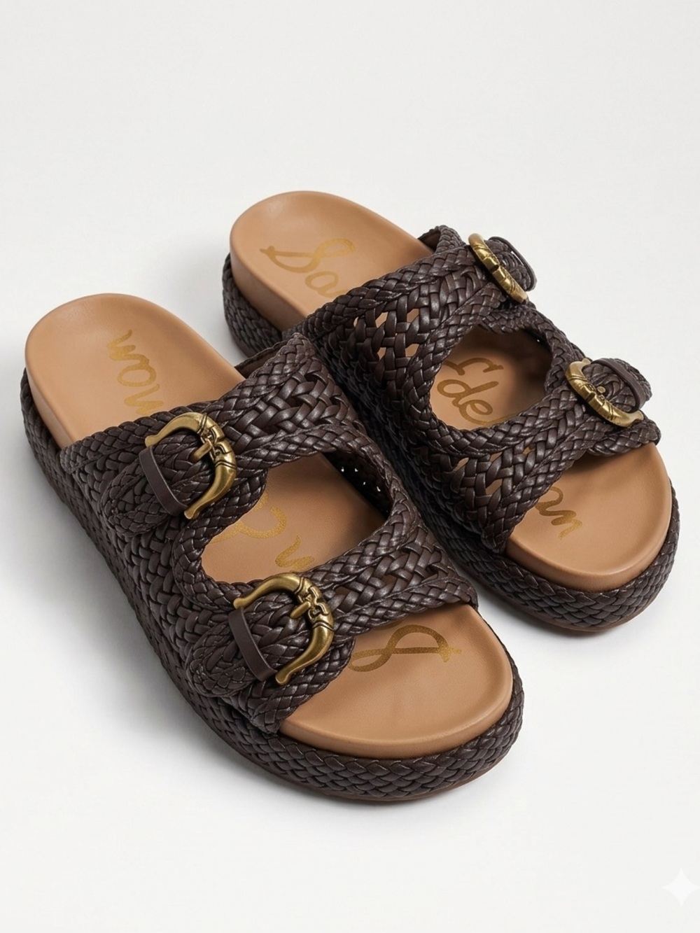 Sam Edelman Reid Brown Woven Double Buckle Platform Slide Sandals 6